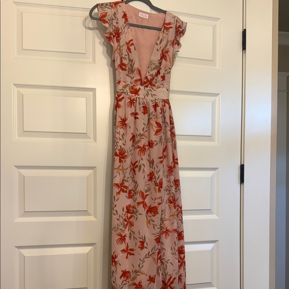 Pink Lily Blush Maxi Dress with Orange-Red Floral Print